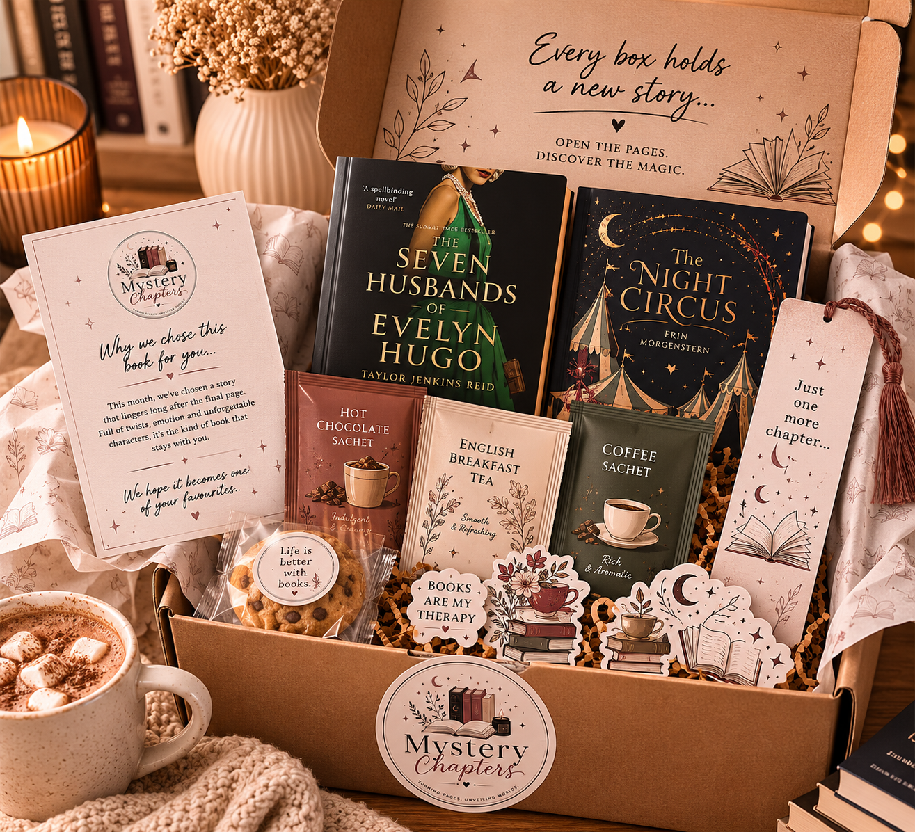 A curated book gift box arranged in a cardboard box with printed inserts and bookmarks. Visible items include the books 'The Seven Husbands of Evelyn Hugo' and 'The Night Circus' by Taylor Jenkins Reid, a 'Mystery Book Club' card, a 'Hot Chocolate Smock', an 'English Breakfast Tea' card, a 'Coffee Smock', and decorative book-themed ornaments and tags.
