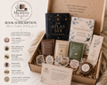A book subscription gift box set from Mystery Chapters, featuring a curated collection of books, mugs, tea, chocolate, bookmarks, and a note about 'The Atlas Six' by Olive Blake inside a wooden box.