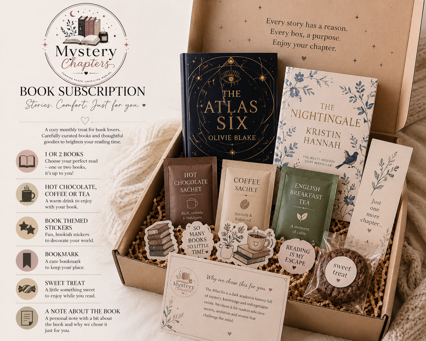 A book subscription gift box set from Mystery Chapters, featuring a curated collection of books, mugs, tea, chocolate, bookmarks, and a note about 'The Atlas Six' by Olive Blake inside a wooden box.